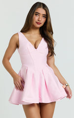 Yara Mini Dress - Plunge Corset Front V Waist Fit And Flare Dress in Pink