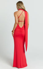 Red Halter Neck Low Back Fit and Flare Maxi Dress