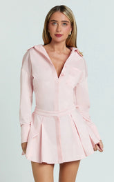 Valentina Mini Dress - Collared Long Sleeve Button Front Dropped Waist Dress in Pink