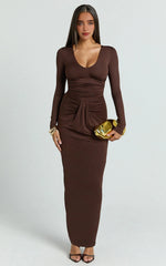 Dixie Maxi Dress - Plunge Long Sleeve Bodycon Dress in Chocolate