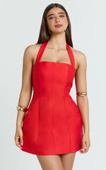 Red Halter Neck Tulip Mini Dress