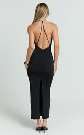 Black Midi Slip Dress with Low Cowl and Open Back