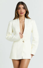 White Wrap Front Blazer Mini Dress with Gold Hardware Buttons