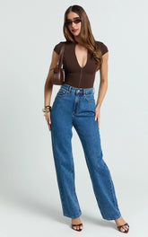 Cap Sleeve Slit Neck Zip Front Chocolate Top