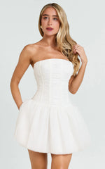 Ivory Mini Dress with Ruched Corset and Gathered Skirt