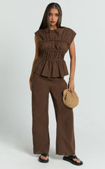 Two Piece Set - Ruched Detail Top and Wide Leg Pants in Brown