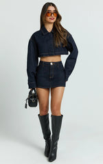 Mid Rise Denim Skort in Raw Denim Wash
