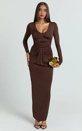 Dixie Maxi Dress - Plunge Long Sleeve Bodycon Dress in Chocolate