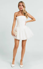 Ivory Mini Dress with Ruched Corset and Gathered Skirt