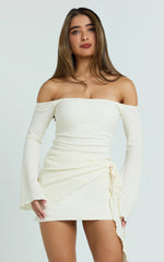 Cream Mini Off-Shoulder Draped Skirt Jersey Dress