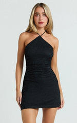 Black Lace Halter A-Line Mini Dress