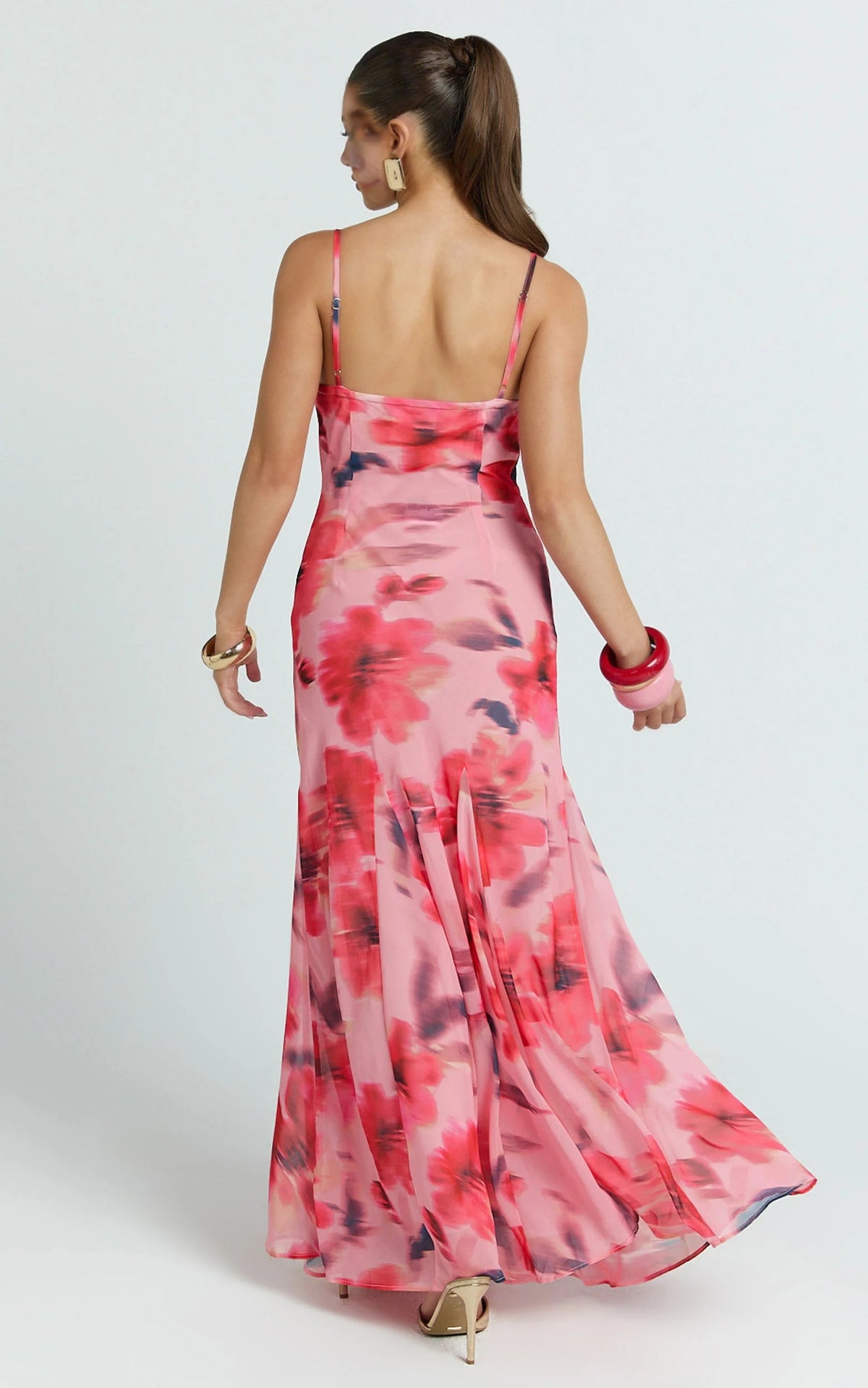 Pink Floral Cowl Neck Godet Maxi Dress