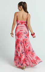 Pink Floral Cowl Neck Godet Maxi Dress