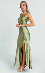 Olive Satin One Shoulder Side Split Maxi Dress