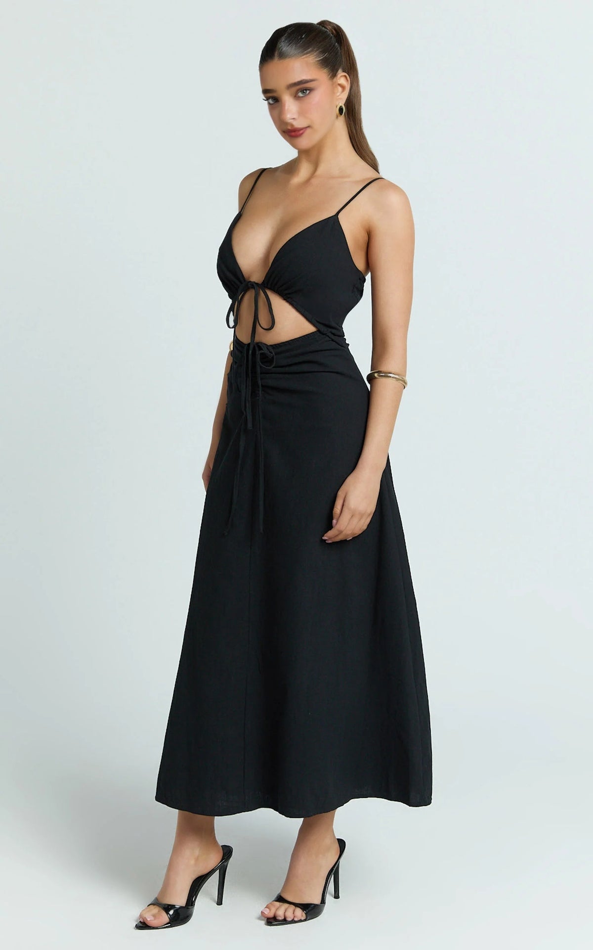 Black Gathered Cut-Out A-Line Maxi Dress