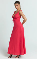 Red Plunge Neckline Tie Front A Line Midi Dress