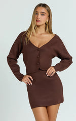 Charisse Two Piece Top and Skirt Set - Knit Cardigan And Mini Skirt in Chocolate