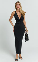 Black Midi Slip Dress with Low Cowl and Open Back
