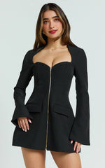 Black Mini Dress with Sweetheart Neck, Long Sleeves and Zip Front