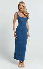 Kristie Maxi Dress - Wide Neck Corset Detail Denim Dress in Dark Blue Wash