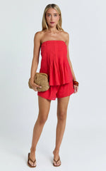 Mardie Two Piece Set - Pin Tuck Strapless Top and Short Set in Red