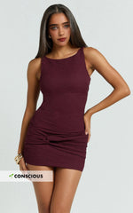 Wyatt Mini Dress - High Boatneck Twist Band Skirt Fitted Dress in Wine