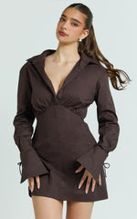 Chocolate Collared Button-Down Corset Waist Mini Dress