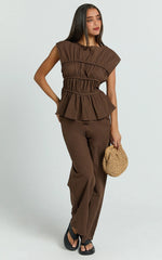 Two Piece Set - Ruched Detail Top and Wide Leg Pants in Brown