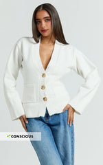 Cream V Neck Recycled Knit Contoured Cardigan